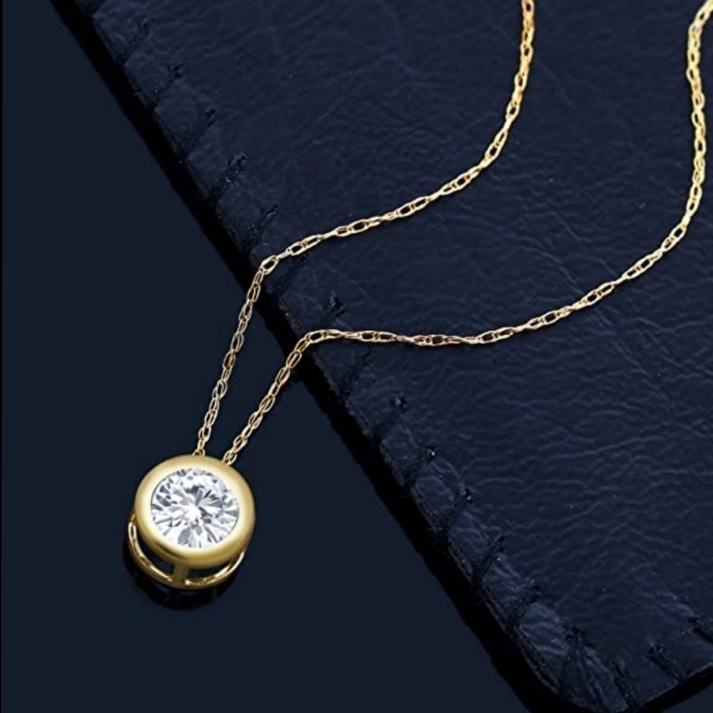 CERTIFIED 14k Yellow Gold .08 Diamond Bezel Solitaire Necklace Moissanite
